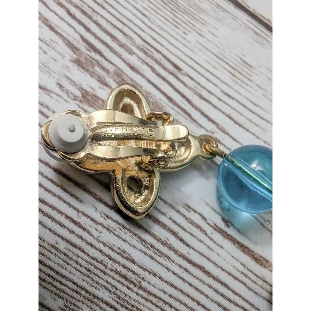 Vintage Givenchy Clip On Earrings - Gold Tone & Blue Dangle